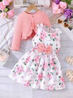 Girls' Flower Print Casual Vest Dress with Chest Measurement by Pulling + Solid Color Long Sleeve Jacket - Image 3