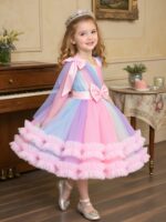 Elegant Girls' Colorful Gradient Tulle Dress with Ruffled Detail - Sleeveless, A-Line Princess Gown for Dance, Birthday, and Formal Events, Youngsters' Dress|Vibrant Aesthetic|Layered Tulle Fabric, Cute Dresses