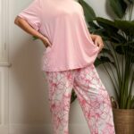 Large Size Women's Casual Green Solid Color T-shirt and Elegant Floral Long Pants Pajama Set - Image 12
