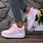 Girls' Pink & White Roller Skate Sneakers with Removable Wheels - Rotating Buckle Closure, Durable PU Upper & TPR Sole, Heart Design, Perfect for Sports, Training & All Seasons, Hand Wash or Dry Clean, Skate Shoes