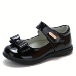 1 Pair of Women's Retro Preppy Style Flats - Breathable, Lightweight, Non-Slip Dress Shoes with Hook-and-loop Fastener Closure & Bow Detail - Glossy Black Mary Jane Shoes for Weddings, Parties, and School Events, School Dress Shoes | Retro Fashion Shoes | - Image 5