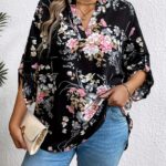 Plus Size Floral Print Notched Neck Blouse, Elegant Long Sleeve Blouse For Spring & Fall, Women's Plus Size Clothing