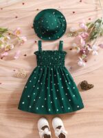 ⁦0-3 Years Old Two-piece Set for Girls, Summer Love Print Sleeveless Wrap Dress with Suspenders + Hat, Princess Dress in Two Colors to Choose from⁩ - الصورة ⁦4⁩