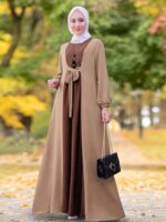 Middle Eastern Casual Long Dress Muslim Ramadan Color-Contrast Waistband Tuck-in Headed Elegant Outing Dress Abaya (without Headscarf) - Image 2