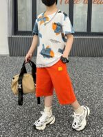 ⁦Boys' Summer Casual Sportswear Set - Breathable Cotton Blend T-Shirt & Shorts with Letter Print, Machine Washable, Perfect for Outdoor⁩ - الصورة ⁦4⁩
