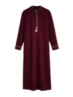 Men's Burgundy Islamic Robe | Polyester-Elastane Blend | Geometric Embroidered Design | Stand Collar | Faux Pocket Detail | Traditional Middle Eastern Cultural Attire | All-Season Wear, Allseason Robe | Traditional Islamic Dress | Quality Stitch, Muslim C - Image 3