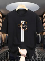 ⁦Men's Casual Calvin Print T-Shirt - Black with Golden Stripe Design, Comfortable Polyester Crew Neck Tee for Everyday Streetwear, Summer Essential⁩ - الصورة ⁦2⁩