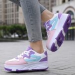⁦Fashion Roller Skates - Pink & White Low-Top Sneakers with Retractable Four-Wheel Design, Comfortable EVA Insole, Durable TPR Sole, Stylish Casual Shoes for Teens & Adults, All-Season Wear, Sports Casual Shoes | Midtop Sneakers | Fabric Upper Sneakers⁩ - الصورة ⁦19⁩