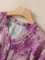 Women'S Casual Floral Print Blouse - Light Pink with Purple Floral Design, Long Sleeves, Button-Up, High Neck, Perfect for Spring/Summer, Casual Attire|Floral Print Top|Long Sleeve Shirt - Image 9
