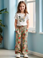 ⁦Summer Youthful Pant Set with Short Sleeves for Girls, New Fashionable Casual Two-Piece Outfit for Middle and Large Youngsters, Featuring a Floral Pattern, Short Sleeves, and Wide-Leg Pants, for Outdoor⁩ - الصورة ⁦9⁩