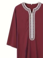 2024 New Men's Traditional Arabic Abaya Robe - Retro Style V-Neck Long Sleeve Green Muslim Prayer Dress, H-Type Fit for Daily Wear & Religious Ceremonies, Allseason Robe, Vneck Design, Intricate Embroidery, Solid Color Attire - Image 4