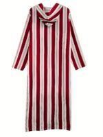 ⁦Men's Long Striped Hooded Robe - Red & Beige Vertical Stripes, Loose Fit, Traditional Muslim Style, Machine Washable, Comfortable Sleepwear for Cultural Events & Casual Gatherings⁩ - الصورة ⁦2⁩