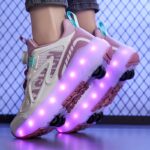 Kids LED Roller Skates, 16 Modes Rechargeable with Switch, Removable PU Wheels, Low Top Upper, Fabric Inner & Insole, TPR Sole, Striped Plaid Pattern, Rotary Buckle Closure, for Boys & Girls Ages 14 and Under, Sizes 28-40