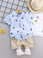2pcs Baby Boys Dinosaur Print Button Short Sleeve Shirt Top & Elastic Waist Shorts Set Toddler Summer Clothes For Daily & Outdoor Wear - Image 4
