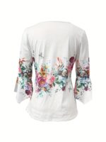 ⁦Floral Print Notched Neck Blouse, Casual Button Front Blouse For Spring & Summer, Women's Clothing⁩ - الصورة ⁦2⁩