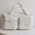 Large Capacity Diaper Bag for Parents - Multi-Compartment Travel Organizer with Zippered Main Compartment, Suitable for Youngsters' Essentials, Polyester Material, White with Cute Bear Emblem - Image 6