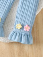 Two-piece set of short-sleeved summer shirt with 3D flower transfer and trumpet pants for little girls, suitable for daily leisure outings as gifts, Perfect for Outdoor - Image 8