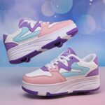 ⁦Fashion Roller Skates - Pink & White Low-Top Sneakers with Retractable Four-Wheel Design, Comfortable EVA Insole, Durable TPR Sole, Stylish Casual Shoes for Teens & Adults, All-Season Wear, Sports Casual Shoes | Midtop Sneakers | Fabric Upper Sneakers⁩ - الصورة ⁦12⁩
