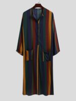 INCERUN Men's Islamic Arab Kaftan - Striped Print Long Sleeve Thobe, Loose Fit Full-Length Caftan for Casual & Sleepwear, Breathable Machine-Washable Spring/Summer Pajama Dress, Muslim Dress