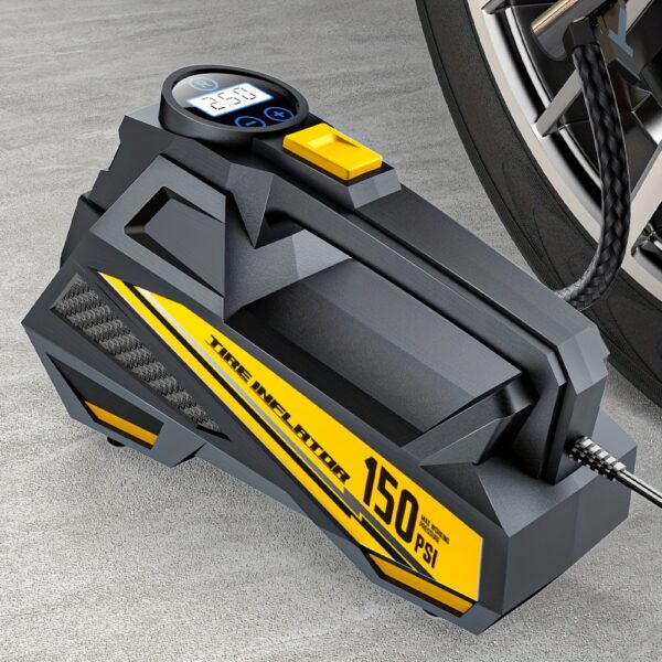 CaRSun Digital Tire Inflator, Portable Air Compressor Pump with LED Light for Cars, Motorcycles, Bicycles - DC 12V, 150 PSI, Black & Yellow Design, Plug-In Power Supply, No Battery Required, Bicycle Tire Inflator | Sleek Portable Design | Digital Display,