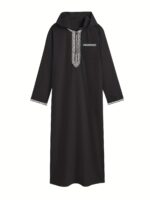Men's White Hooded Kaftan with Black Embroidery & Faux Pockets - Long Sleeve Traditional Arabian Robe for Ramadan & Eid al-Adha Festivals, Casual Polyester Blend, Loose Fit, All-Season Wear, Casual Wear | Decorative Robe | Elastane Fabric - Image 4