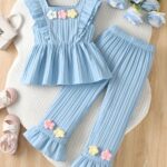Two-piece set of short-sleeved summer shirt with 3D flower transfer and trumpet pants for little girls, suitable for daily leisure outings as gifts, Perfect for Outdoor - Image 11