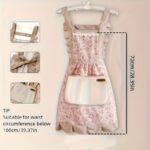 Women's Floral Embroidered Apron with Adjustable Waist Tie - 72.01 cm Pink/Green Kitchen Cooking Baking Apron, Durable Polyester with Ruffled Shoulder Design for Home & Professional Use, Vintage Apron - Image 4