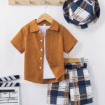 Boys solid color shirt plaid shorts hat three-piece suit casual versatile solid color top shorts suit summer new comfortable handsome casual suit 1-8 years old