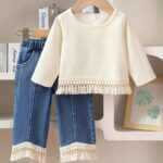 Little Girl Fashion Tassel Top + Long Pants 2pcs Set - Casual, Solid Color, Slight Stretch, Regular Fit for Fall/Winter, Perfect for Thanksgivin, for Outdoor