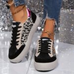⁦[Everyday Comfort] Women's Leopard Print Star Sneakers, Casual Lace-Up Low Top Shoes with Round Toe, Fabric Upper & Mesh Inner, PVC Sole, Polyurethane Insole - Spring Fashion, Everyday Shoes|Leopard Print Sneakers|Artificial Cover Sneakers⁩ - الصورة ⁦6⁩