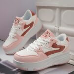 ⁦Fashion Roller Skates - Pink & White Low-Top Sneakers with Retractable Four-Wheel Design, Comfortable EVA Insole, Durable TPR Sole, Stylish Casual Shoes for Teens & Adults, All-Season Wear, Sports Casual Shoes | Midtop Sneakers | Fabric Upper Sneakers⁩ - الصورة ⁦7⁩