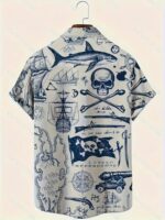 Summer Fashion Casual Short Sleeve Shirt, Suitable for Large Size and Tall Men, Printed with Skull and Fish Patterns - Image 2