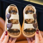 Girls' Summer Sandals with Thick Non-Slip Soft Sole & Adjustable Buckle Strap - Cute Heart Pattern White & Brown PVC Casual Beach Shoes for Youngsters to Little Girls (1-5 Years), Summer Youngsters Sandals | Youngsters' Fashion Sandals | Soft Sole Sand, S - Image 3