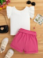 2pcs Trendy Girls Solid Flutter Trim T-Shirt Top + Shorts With Bow Belt Set For Summer Outdoor Outfit - Image 4