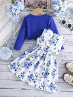 Girls' Flower Print Casual Vest Dress with Chest Measurement by Pulling + Solid Color Long Sleeve Jacket - Image 4