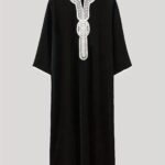 Men'S Polyester V-Neck Kaftan with Geometric Applique - Modest Loose-Fit Middle Eastern Thobe, Three-Quarter Sleeves, Non-Stretch Woven Fabric, All-Season