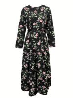 ⁦2023 New Women's Elegant Middle Eastern Abaya - Black Floral Print with Red Flowers, Long Sleeve Lace-Up Modest Dress, Machine Washable for Spring Summer Fall, Abaya Dress Fancy, Comfortable Modestwear, No Stretch Fabric, Muslim Fashion, Fancy Design, Bre⁩ - الصورة ⁦9⁩
