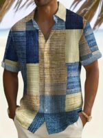 Men's Casual Short Sleeve Shirt With Retro Geometric Pattern, Summer Hawaiian Vacation Top, Button Up Collar, Leisure Style - Image 2