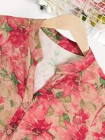 Women'S Casual Floral Print Blouse - Light Pink with Purple Floral Design, Long Sleeves, Button-Up, High Neck, Perfect for Spring/Summer, Casual Attire|Floral Print Top|Long Sleeve Shirt - Image 10