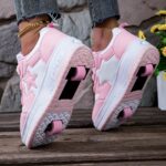 Girls' Pink & White Roller Skate Sneakers with Removable Wheels - Rotating Buckle Closure, Durable PU Upper & TPR Sole, Heart Design, Perfect for Sports, Training & All Seasons, Hand Wash or Dry Clean, Skate Shoes - Image 5