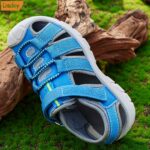 DACLAY Youngsters' Breathable Mesh Sandals - Lightweight, Non-Slip, All-Season Outdoor Sports Shoes for Boys and Girls with Closure, Blue & Gray Design, Youngsters Outdoor Sandals | Striped Youngsters Sandals | Durable Pu Sole, DACLAY