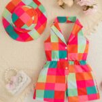 Vibrant Color Block Girls' Sleeveless Romper with Matching Sun Hat - Casual Summer Outfit, Halter Neck, Button-Up Design, Polyester Fabric, Perfect for Youngsters' Outdoor Play, Girls Clothes, Perfect for Outdoor