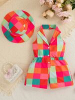 Vibrant Color Block Girls' Sleeveless Romper with Matching Sun Hat - Casual Summer Outfit, Halter Neck, Button-Up Design, Polyester Fabric, Perfect for Youngsters' Outdoor Play, Girls Clothes, Perfect for Outdoor