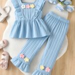 Two-piece set of short-sleeved summer shirt with 3D flower transfer and trumpet pants for little girls, suitable for daily leisure outings as gifts, Perfect for Outdoor