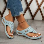 ⁦Women'S Elegant Wedge Sandals - Breathable, Supportive Arch Design, Light Blue Open-Toe Slip-Ons with Cut-Out Detailing, Soft PU Sole for Everyday Comfort, Versatile & Comfortable Footwear | Elegant Slipon Sandals | Cutout Details, Strappy Sandal⁩ - الصورة ⁦5⁩