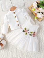 Girls' Casual Floral Dress with Long Sleeve Jacket Skirt Set