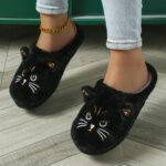⁦Women's Cute Cartoon Black Cat Slippers with Big Eyes and Ears, Soft Warm Non-slip Indoor House Slip-on Slippers with Fabric Upper, Inner, Insole and TPR Sole⁩ - الصورة ⁦10⁩