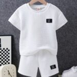 2pcs Boys Casual Label Patched Solid Color Short Sleeve T-shirt & Shorts Set, Comfy Summer Boys Clothes For Daily & Outdoor Wear