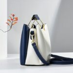 ⁦2024 New Women's Color-Block Tote Bag with Adjustable Crossbody/Shoulder Strap, Golden-Tone Hardware & Magnetic Closure - High Quality Casual Handbag for Commuting, Work, Travel - Navy/Beige/White Contrast Design, Crossbody Purse, Commuting Accessory, Dur⁩ - الصورة ⁦5⁩