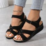 ⁦Chic Women's Wedge Sandals with Floral Accents - Comfortable Open Toe, Hook-and-loop Fastener Closure, Faux Cover Summer Shoes⁩ - الصورة ⁦3⁩